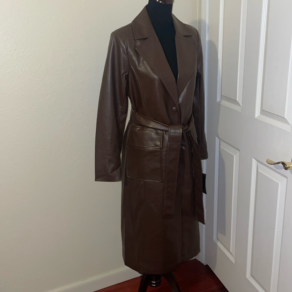 New Bagatelle New York Chocolate Brown Faux Leather Trench Coat - Picture 12 of 16